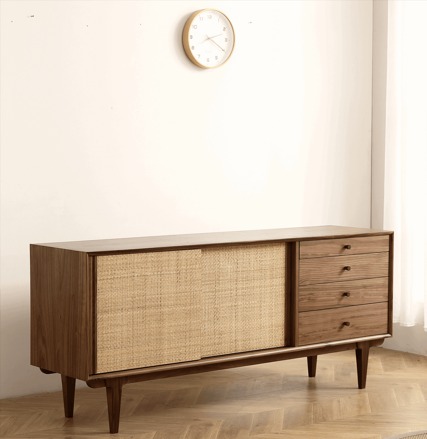 Black Walnut Rattan Sideboard Buffet Cabinet