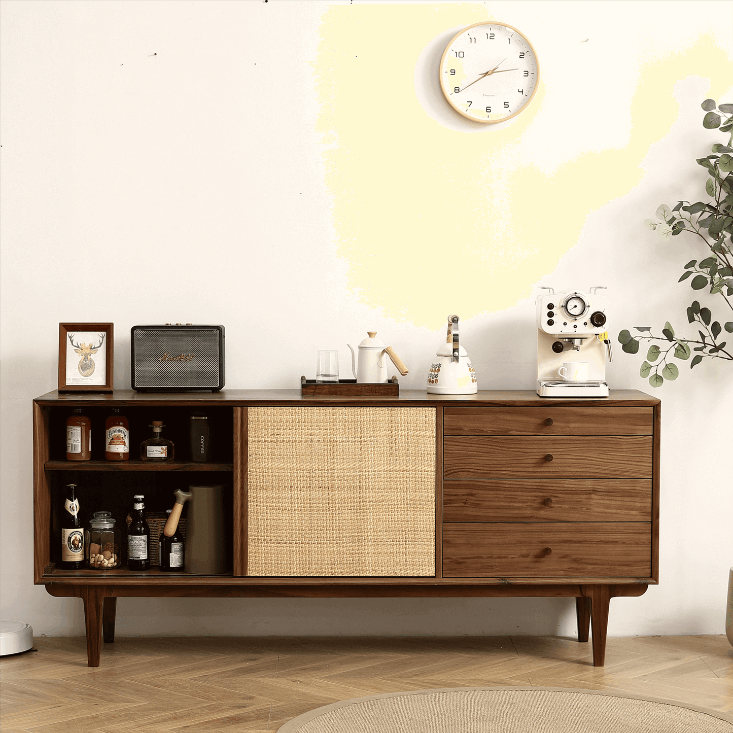 Black Walnut Rattan Sideboard Buffet Cabinet
