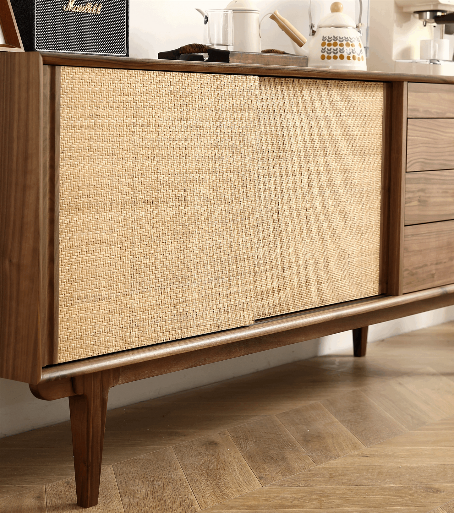 Black Walnut Rattan Sideboard Buffet Cabinet