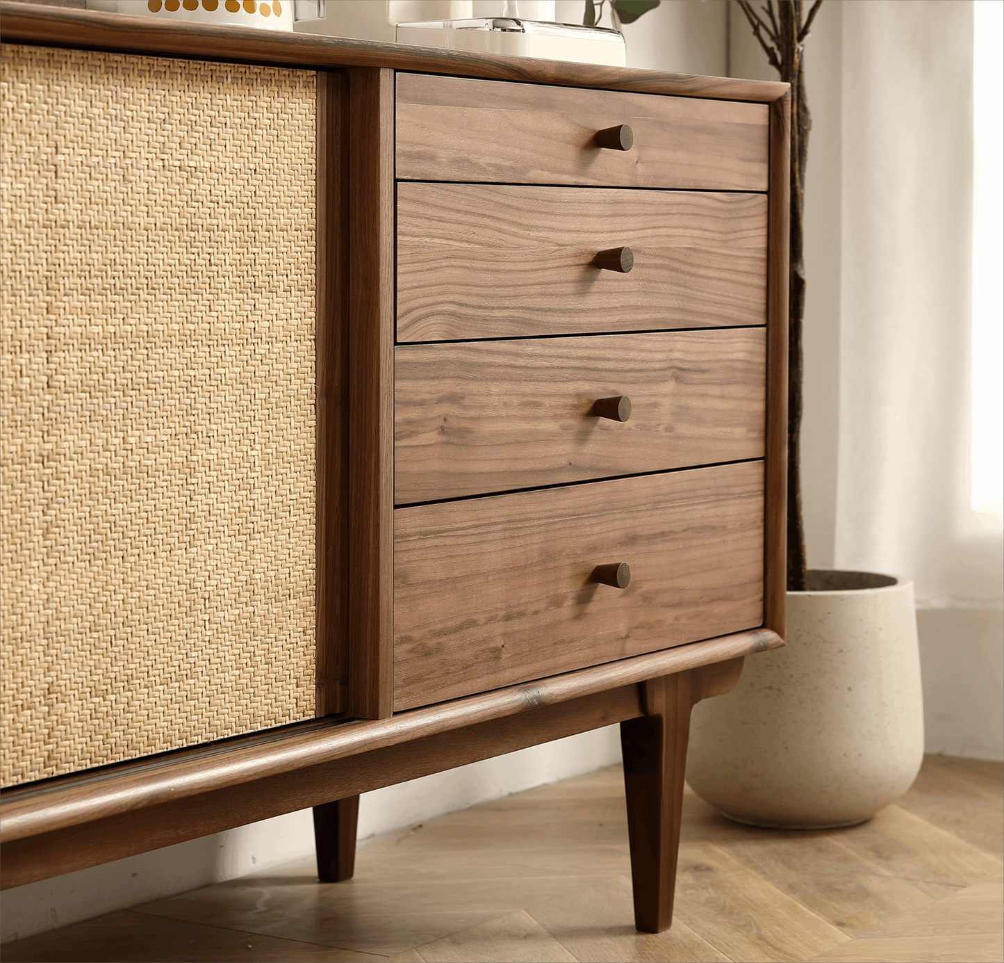 Black Walnut Rattan Sideboard Buffet Cabinet