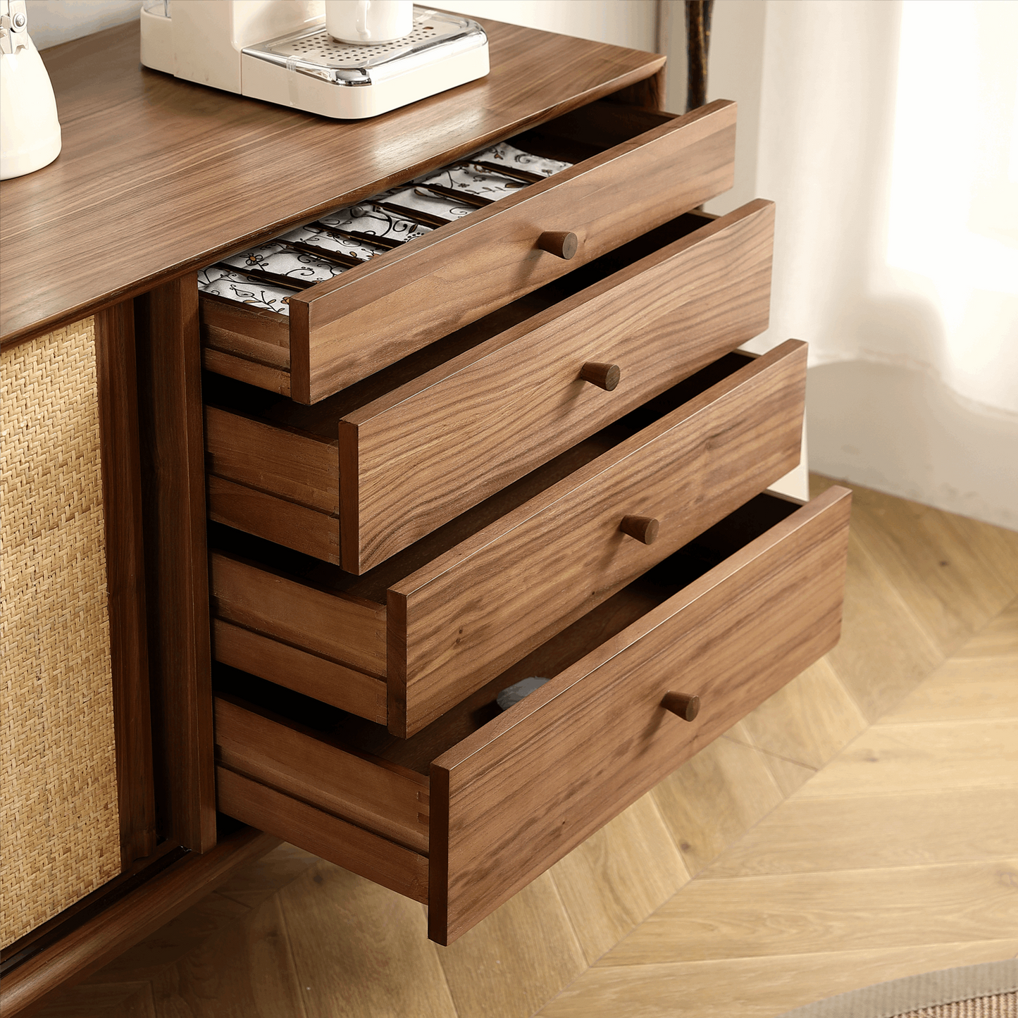 Black Walnut Rattan Sideboard Buffet Cabinet