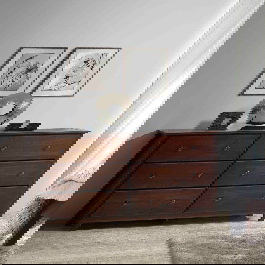 Cherry Wood Finish Solid Pine 6 Drawer Dresser