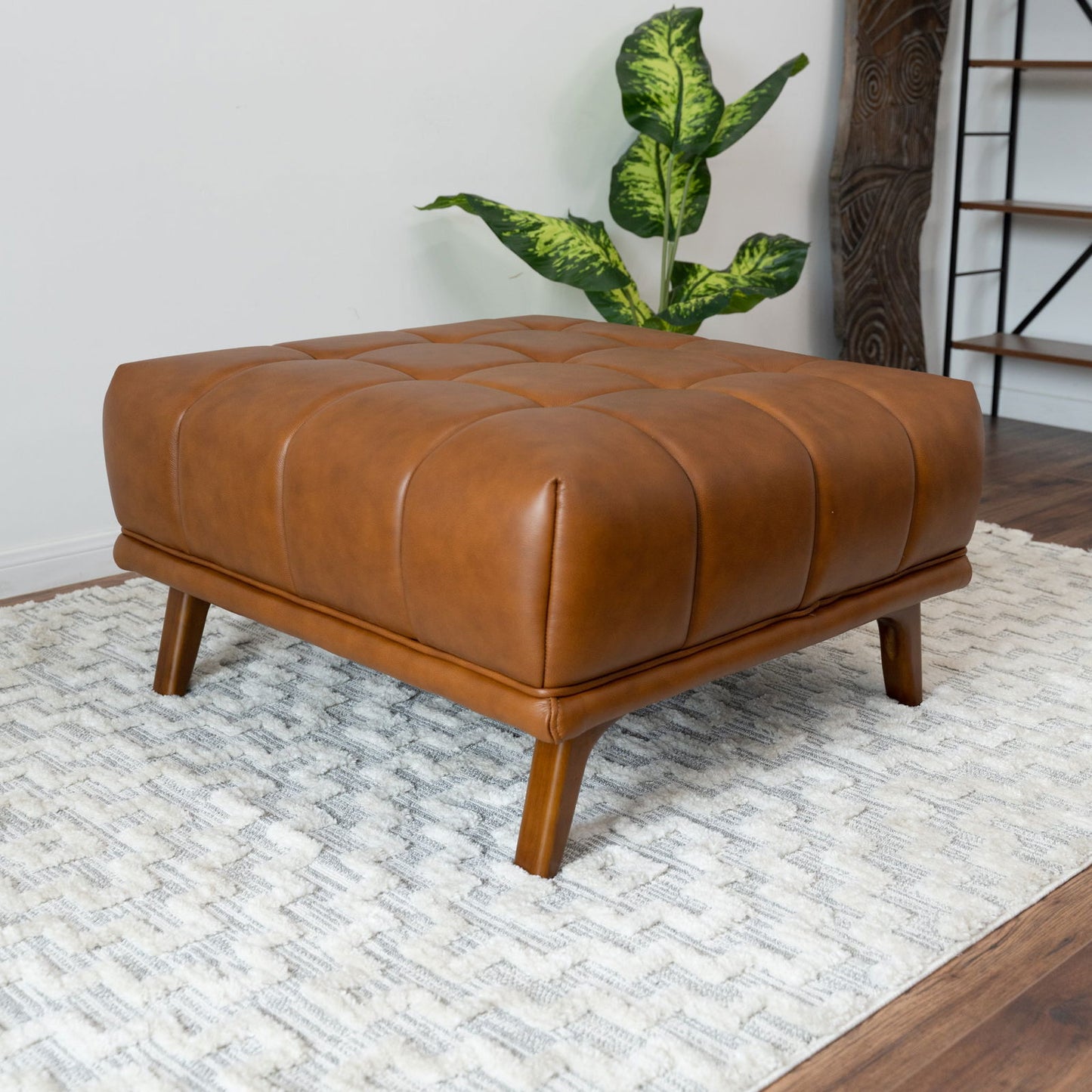 Kaleb Square Leather Ottoman | Cognac
