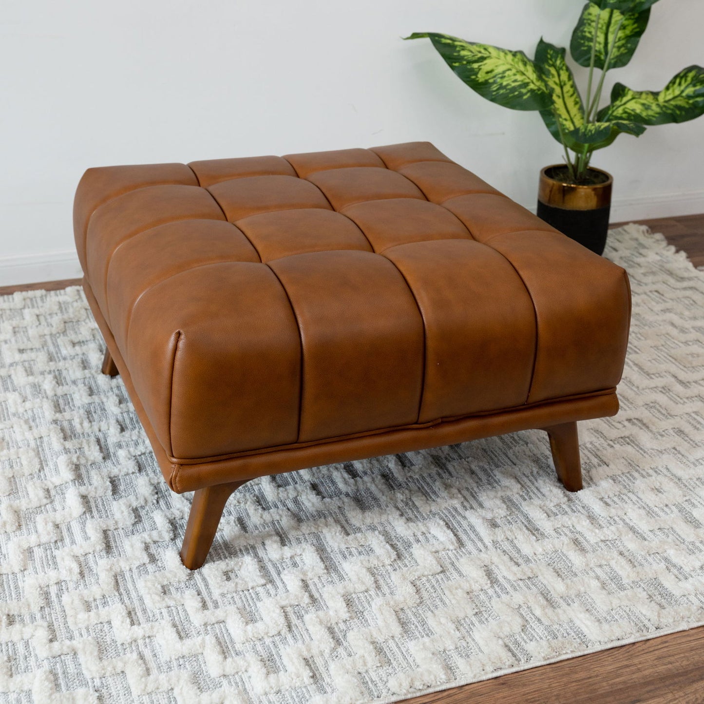 Kaleb Square Leather Ottoman | Cognac