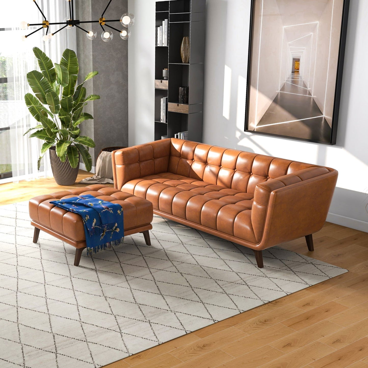 Kaleb Square Leather Ottoman | Cognac