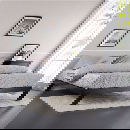 Low Profile Black Metal Platform Bed Frame with Wooden Slats, King