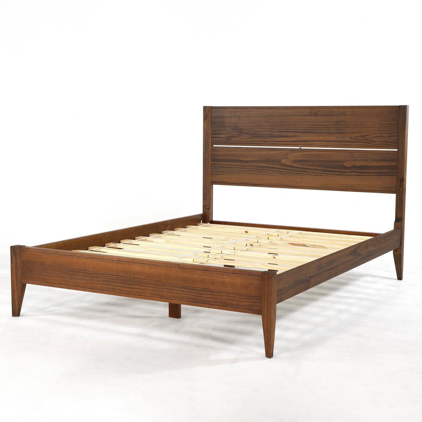 Rustic Walnut Mid Century Slatted Platform Bed, Queen