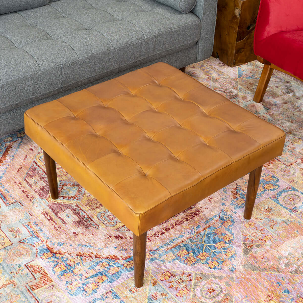 Tufted Leather Solid Wood Leg Ottoman
