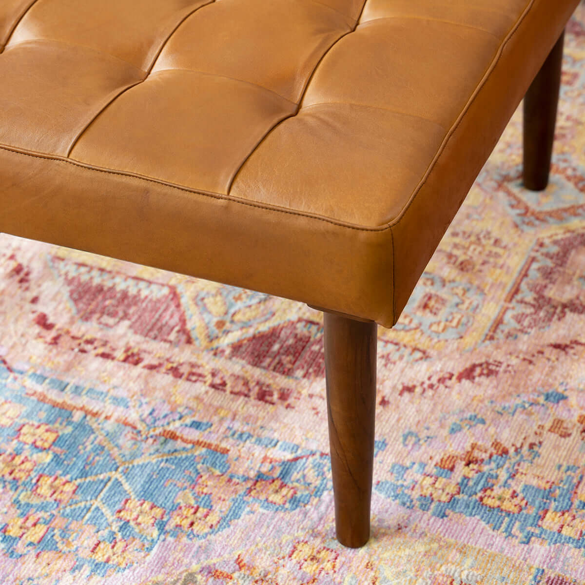 Tufted Leather Solid Wood Leg Ottoman