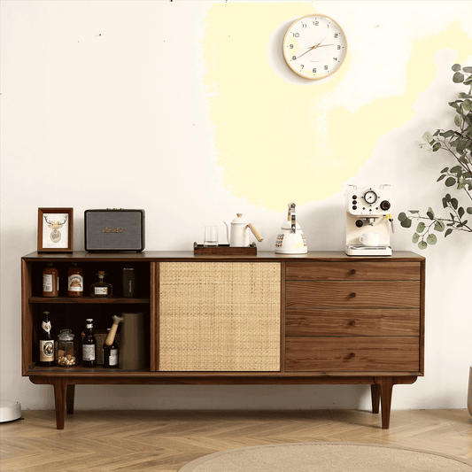 Black Walnut Rattan Sideboard Buffet Cabinet