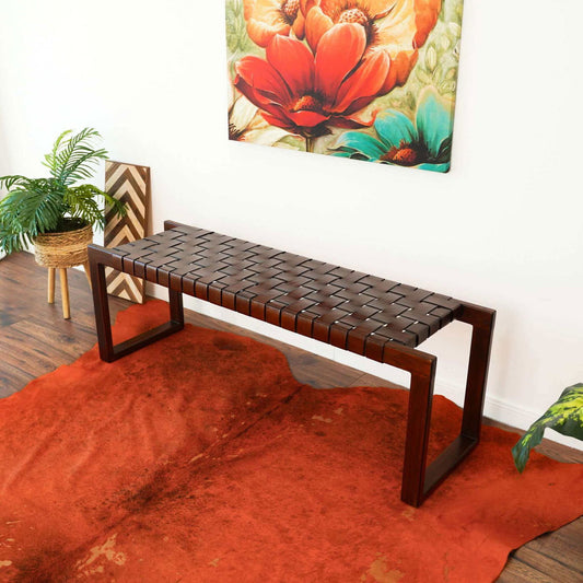 Carmine Leather Bench | Cognac