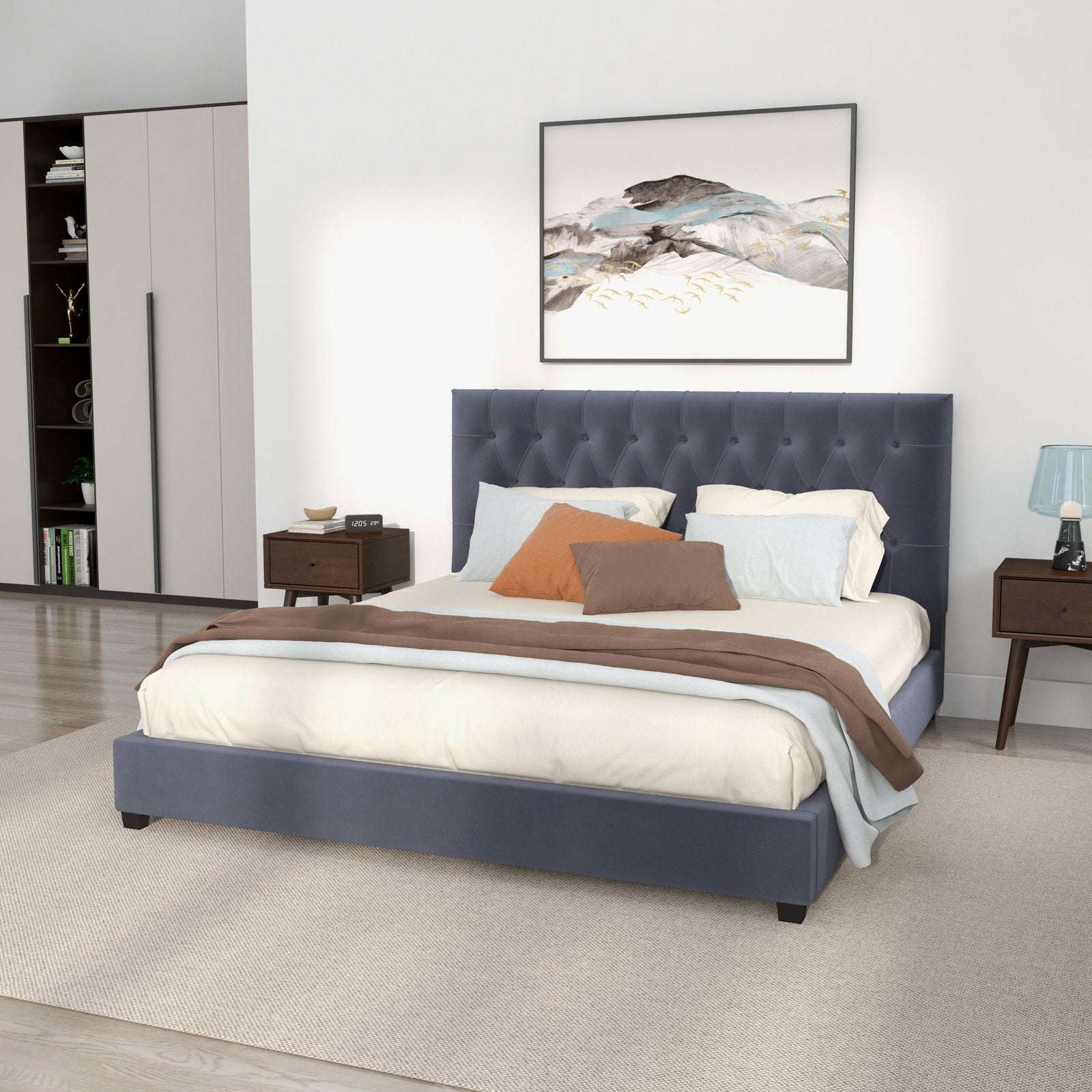 Debbie King Velvet Platform Bed | Grey