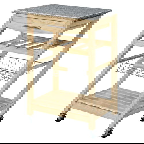 Granite Top Wood Finish Kitchen Island Cart with Wine Rack