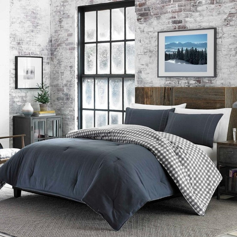 Gray/White Reverse Plaid 100% Cotton Comforter Set, Full/Queen