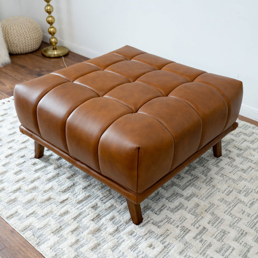 Kaleb Square Leather Ottoman | Cognac