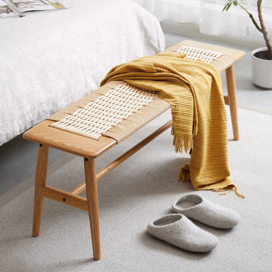Natural Oak Wood Woven Design Bench, Light Oak