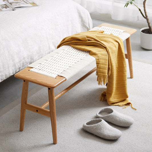 Natural Oak Wood Woven Design Bench, Light Oak / White