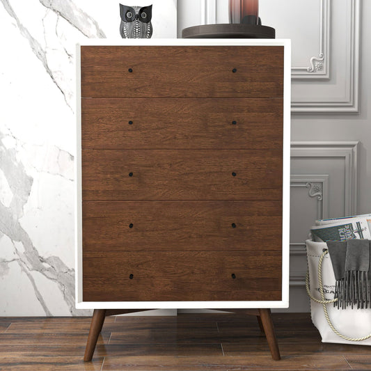 Norman Solid Wood 5 Drawer Dresser | Walnut/White