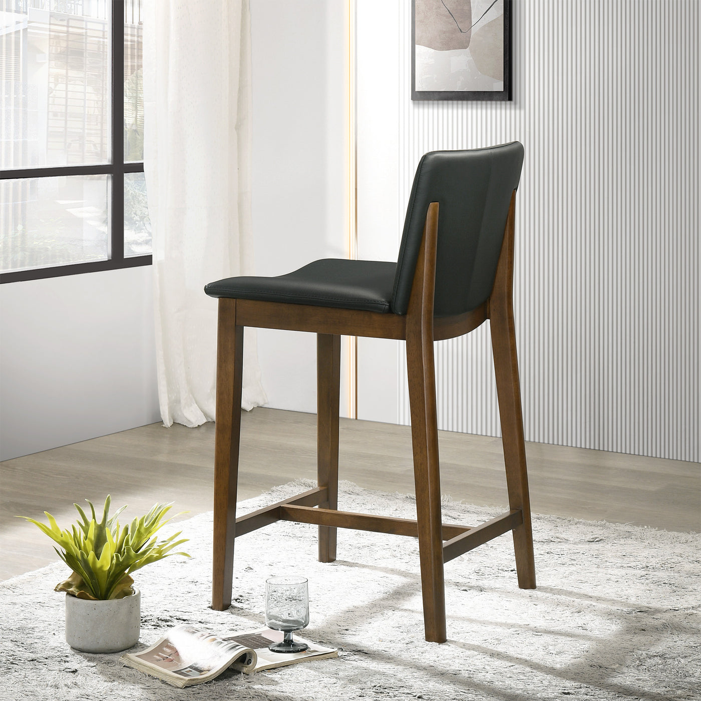 24" Upholstered Counter Stools, Black Vegan Leather