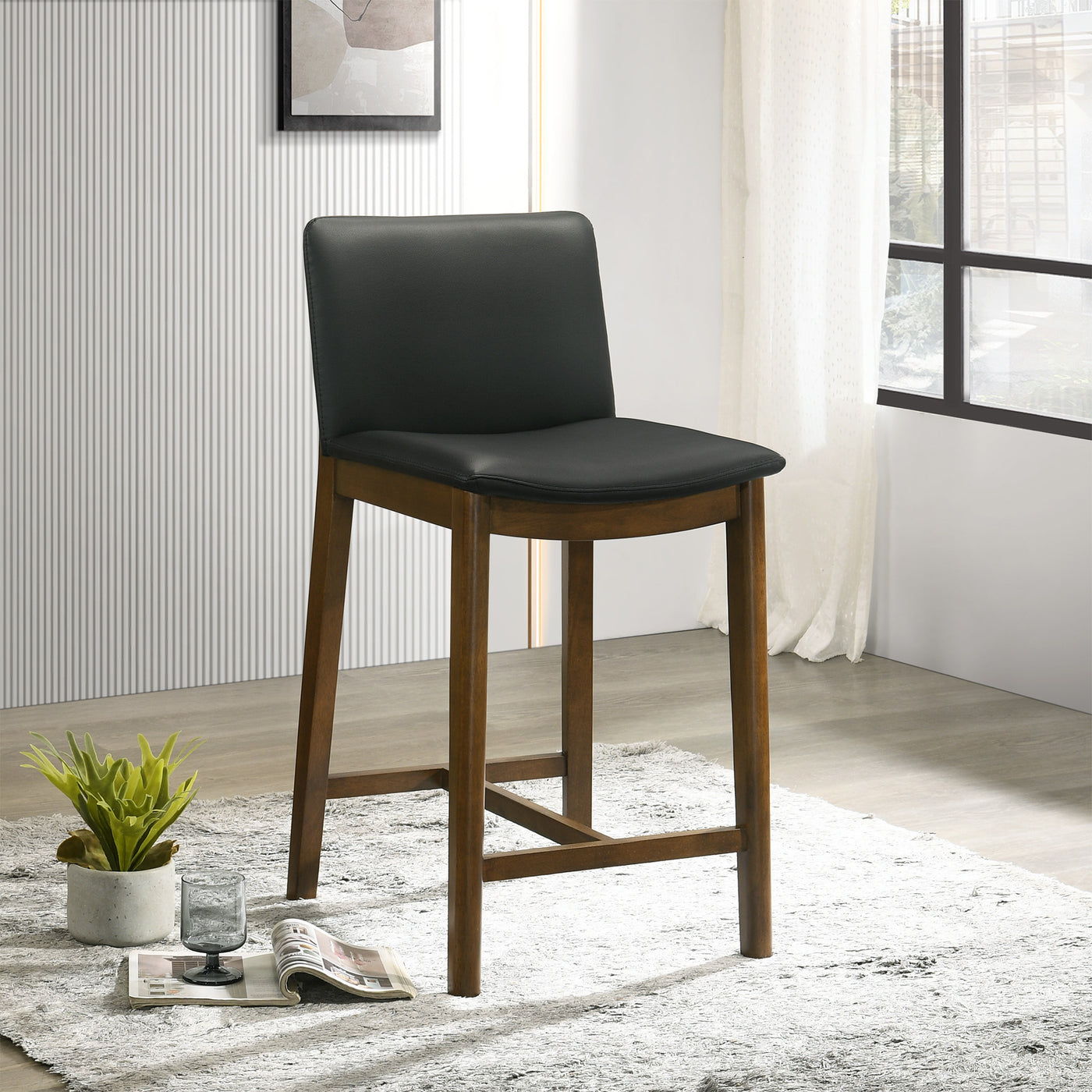 24" Upholstered Counter Stools, Black Vegan Leather