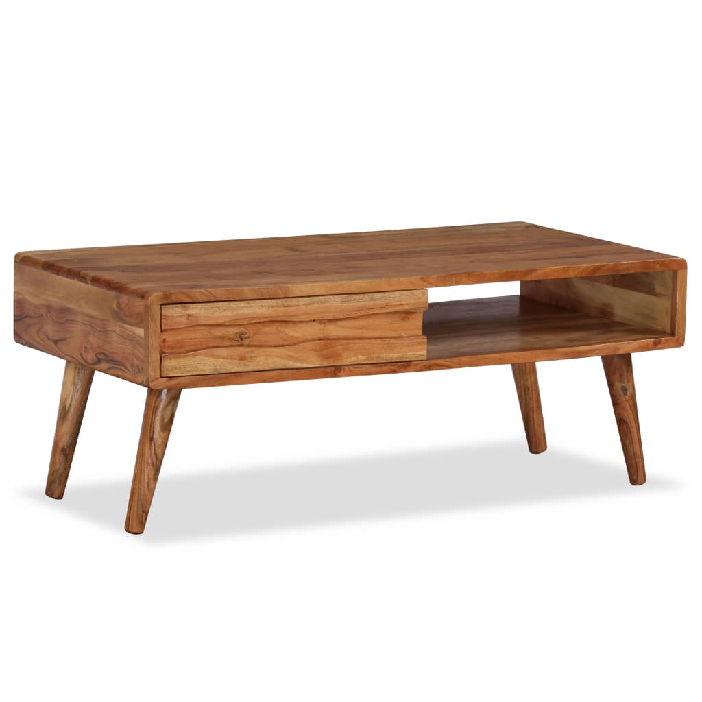 Solid Acacia Wood Coffee Table with Carved Drawer