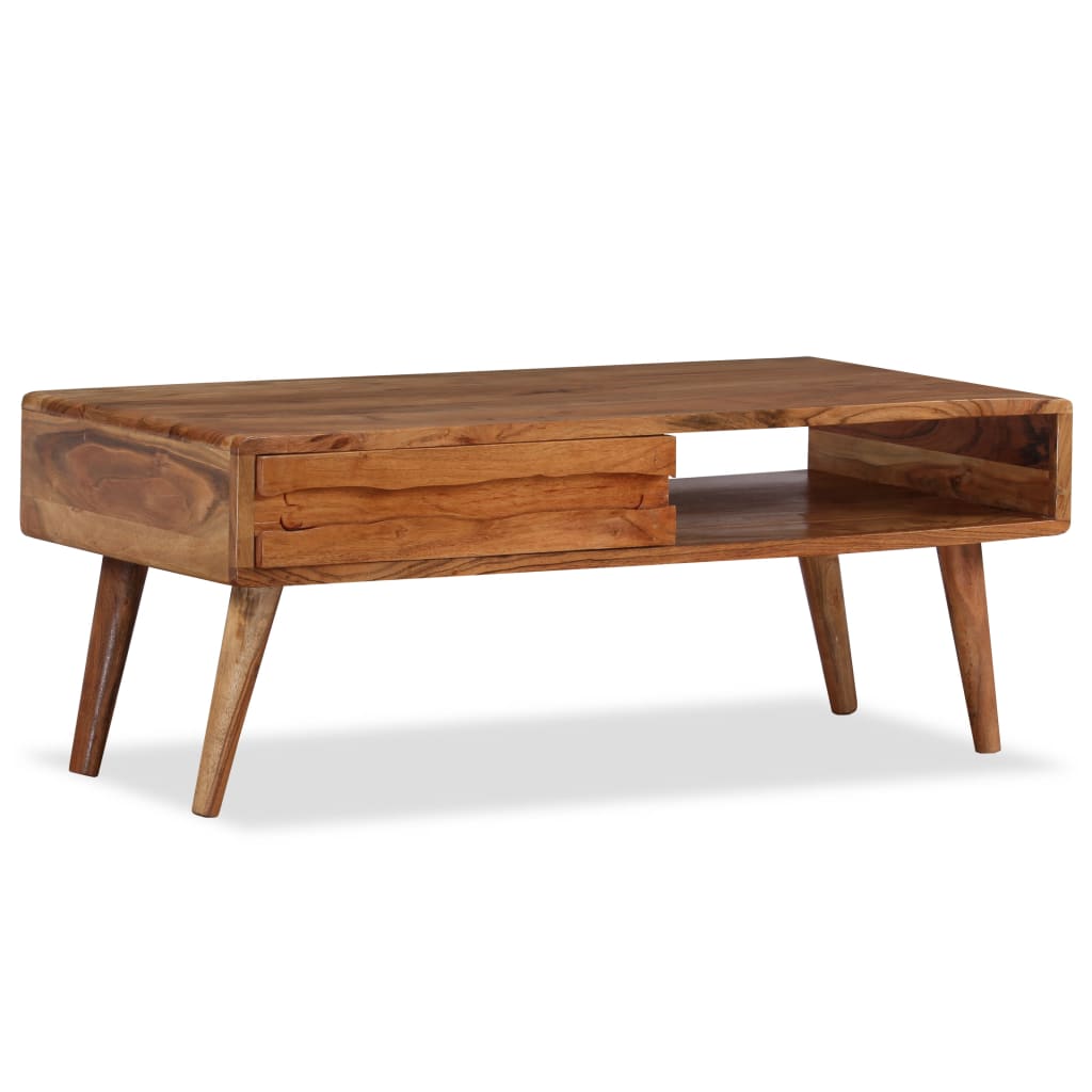 Solid Acacia Wood Coffee Table with Carved Drawer