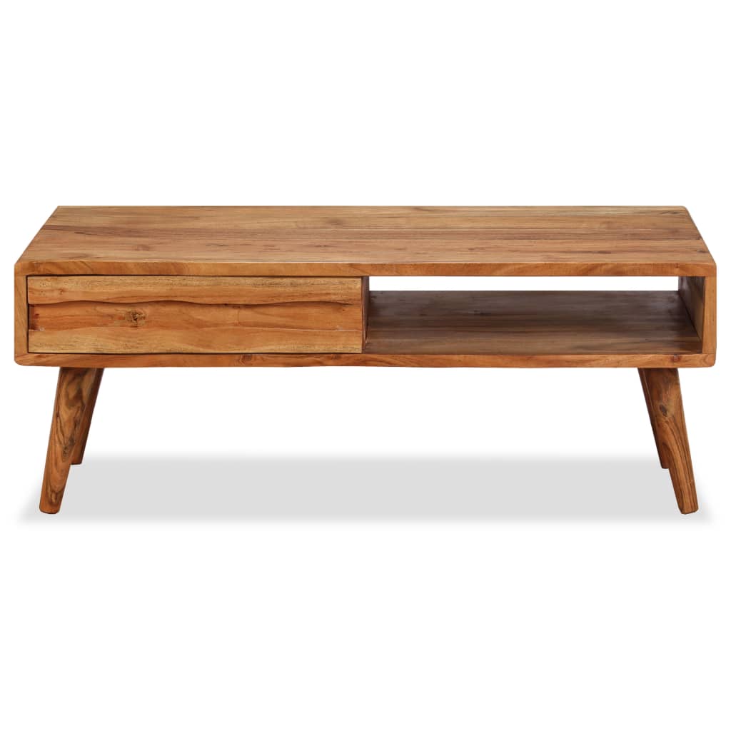 Solid Acacia Wood Coffee Table with Carved Drawer