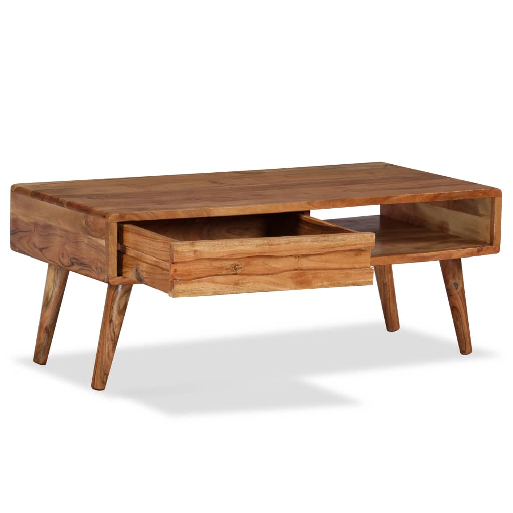 Solid Acacia Wood Coffee Table with Carved Drawer