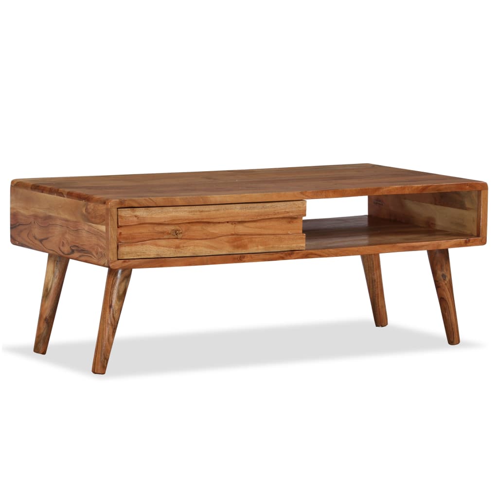 Solid Acacia Wood Coffee Table with Carved Drawer