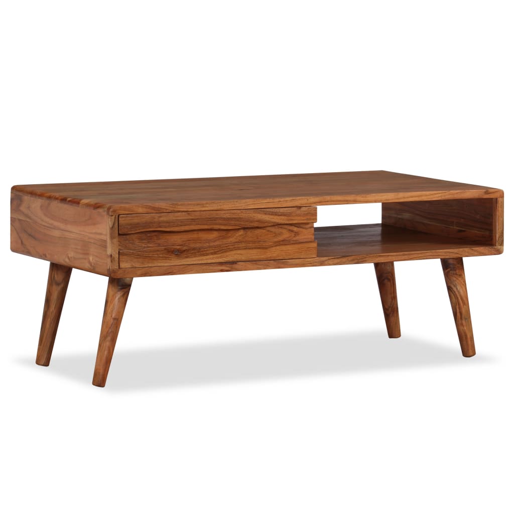 Solid Acacia Wood Coffee Table with Carved Drawer
