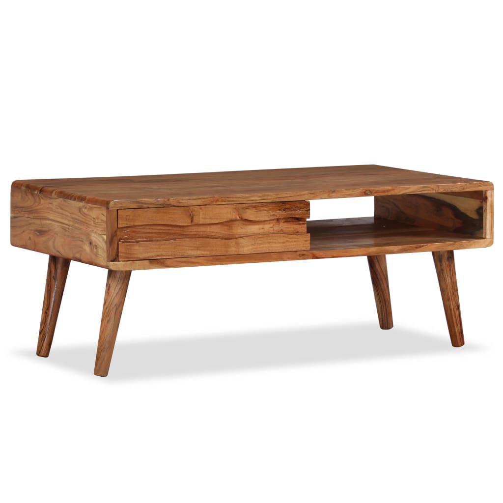 Solid Acacia Wood Coffee Table with Carved Drawer