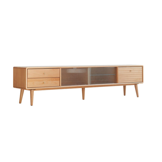 Solid Beech Wood TV Cabinet with Glass Doors, Two Drawers