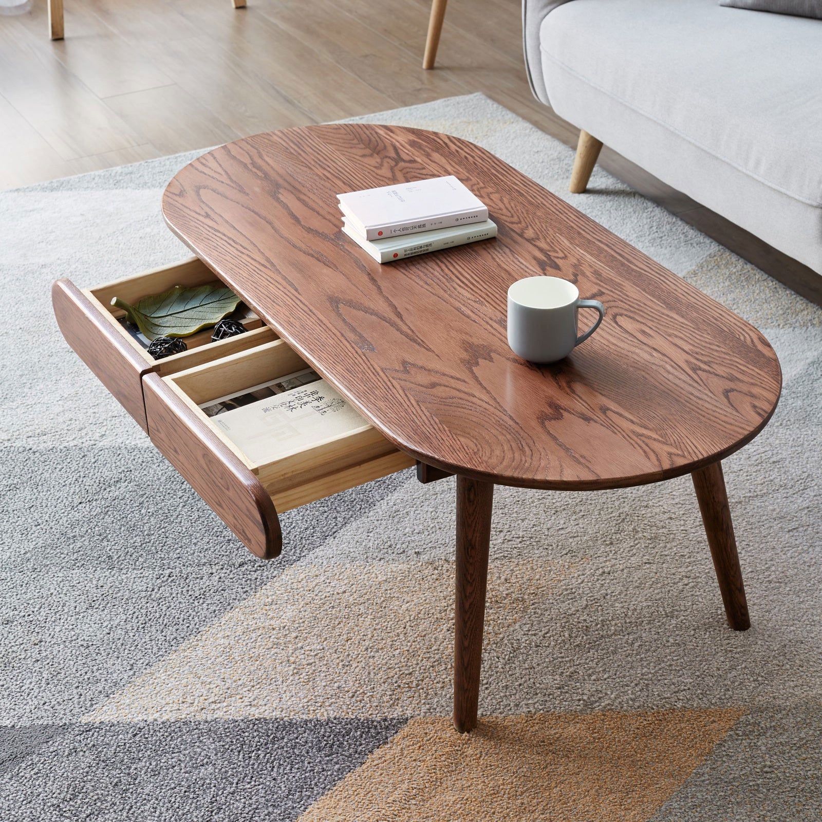 Solid Oak 47" Capsule Coffee Table with 2 Drawers, Dark Oak