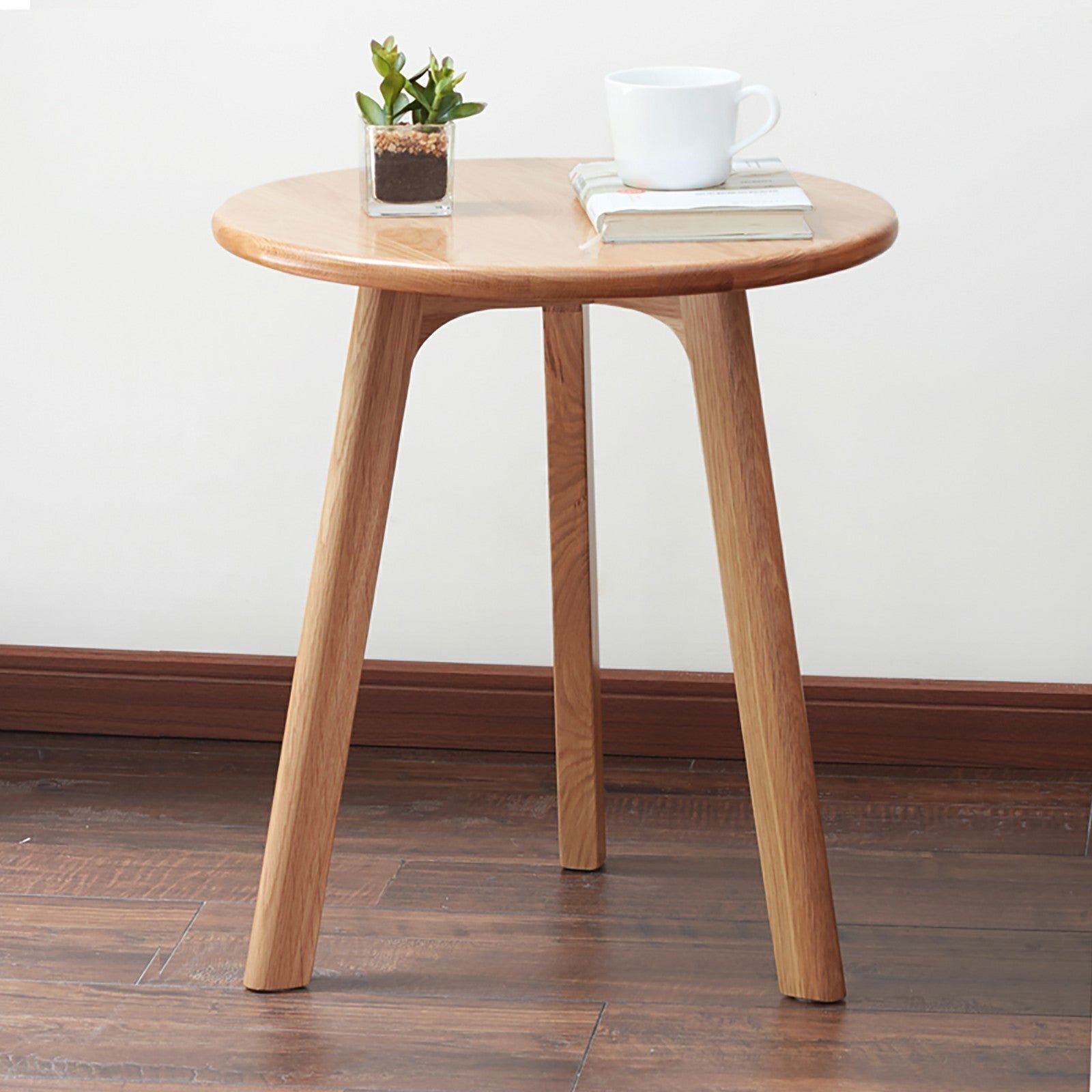 Solid Oak Small Round End Table, Light Oak