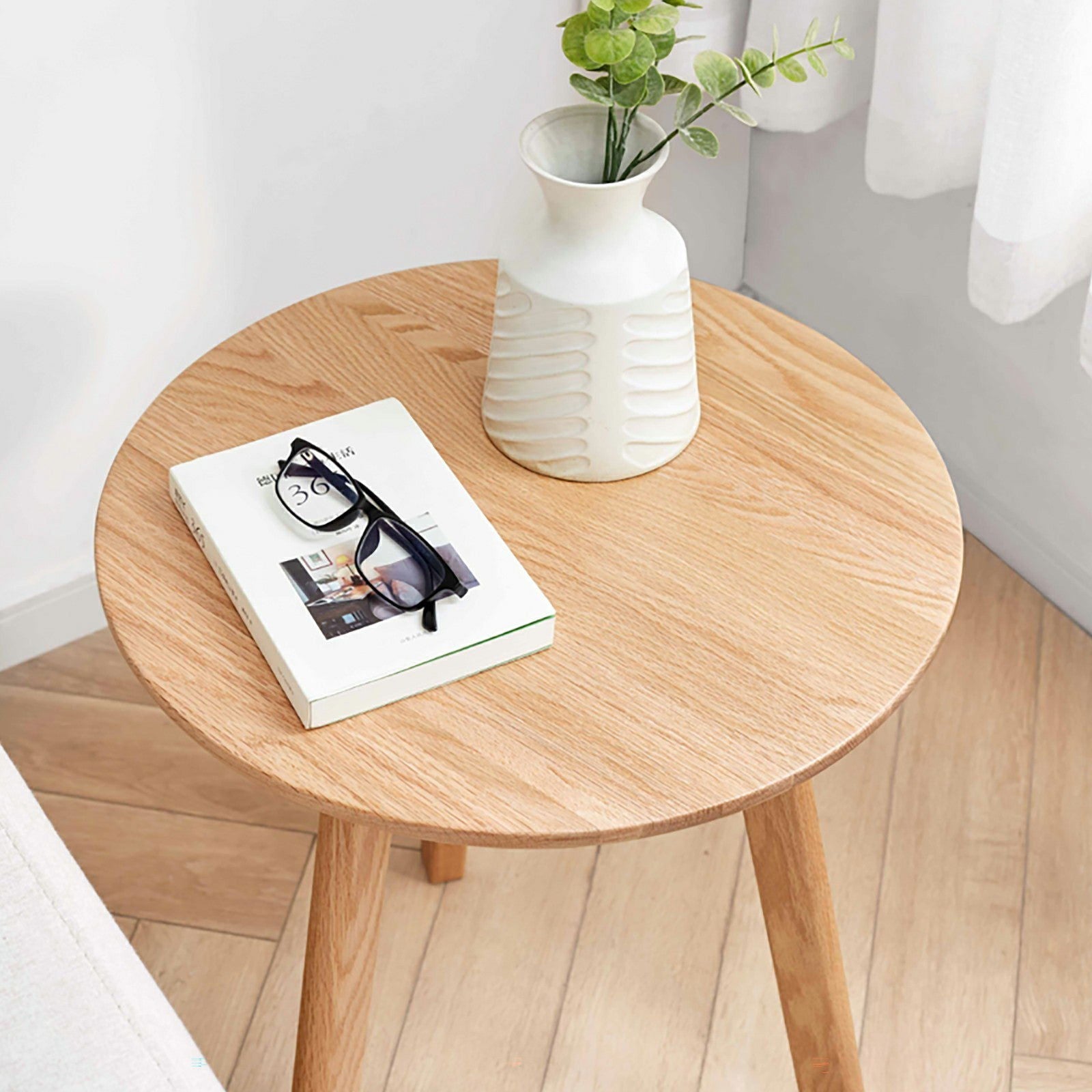 Solid Oak Small Round End Table, Light Oak