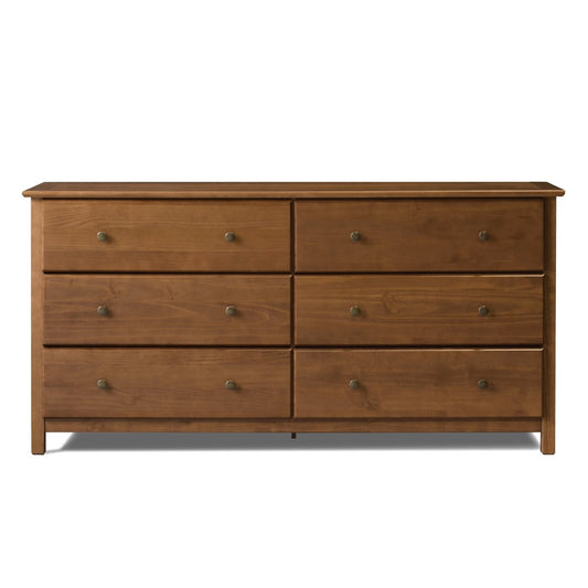 Solid Pine Wood 6 Drawer Dresser in Walnut Finish