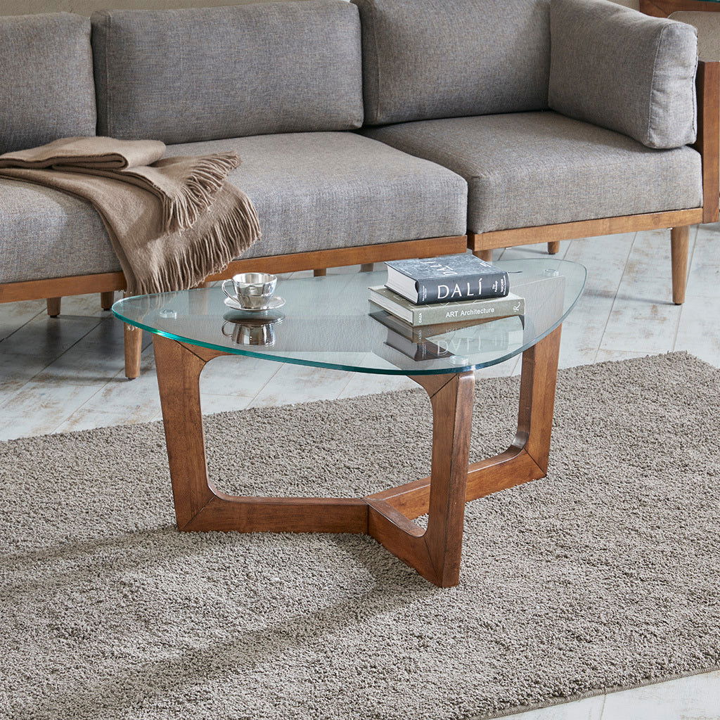 Tempered Glass Coffee Table with Wood Base | Pecan