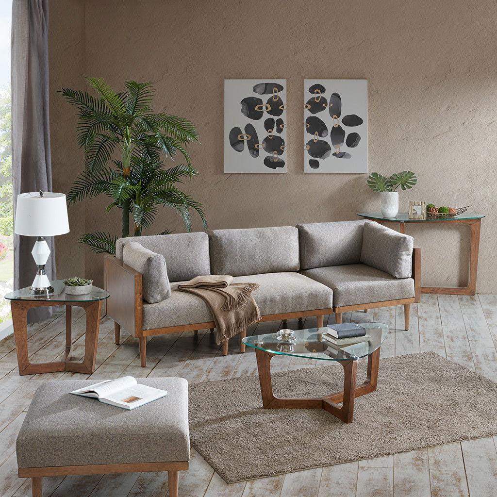 Tempered Glass Coffee Table with Wood Base | Pecan