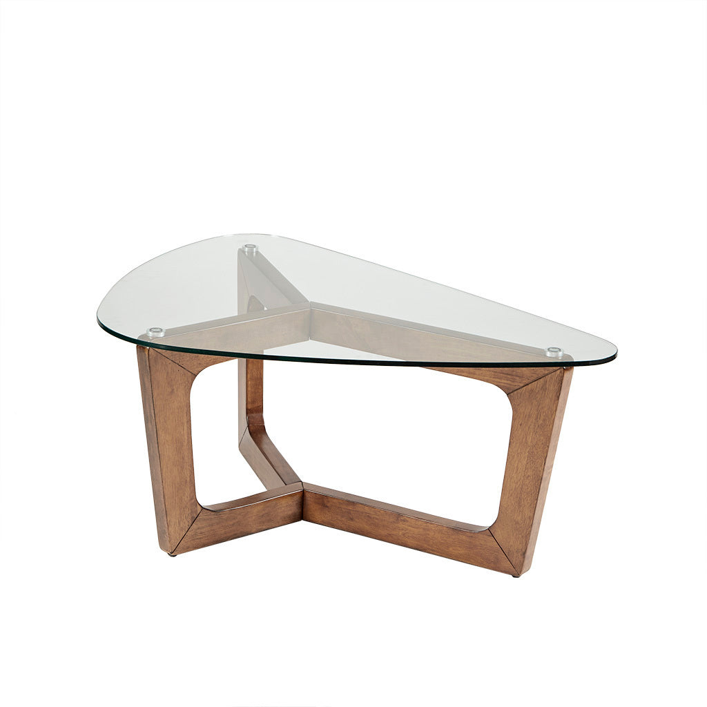 Tempered Glass Coffee Table with Wood Base | Pecan