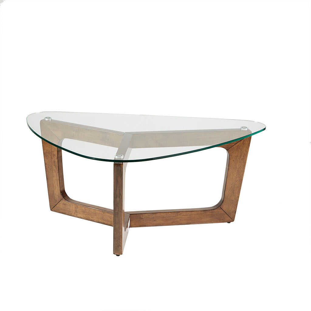 Tempered Glass Coffee Table with Wood Base | Pecan