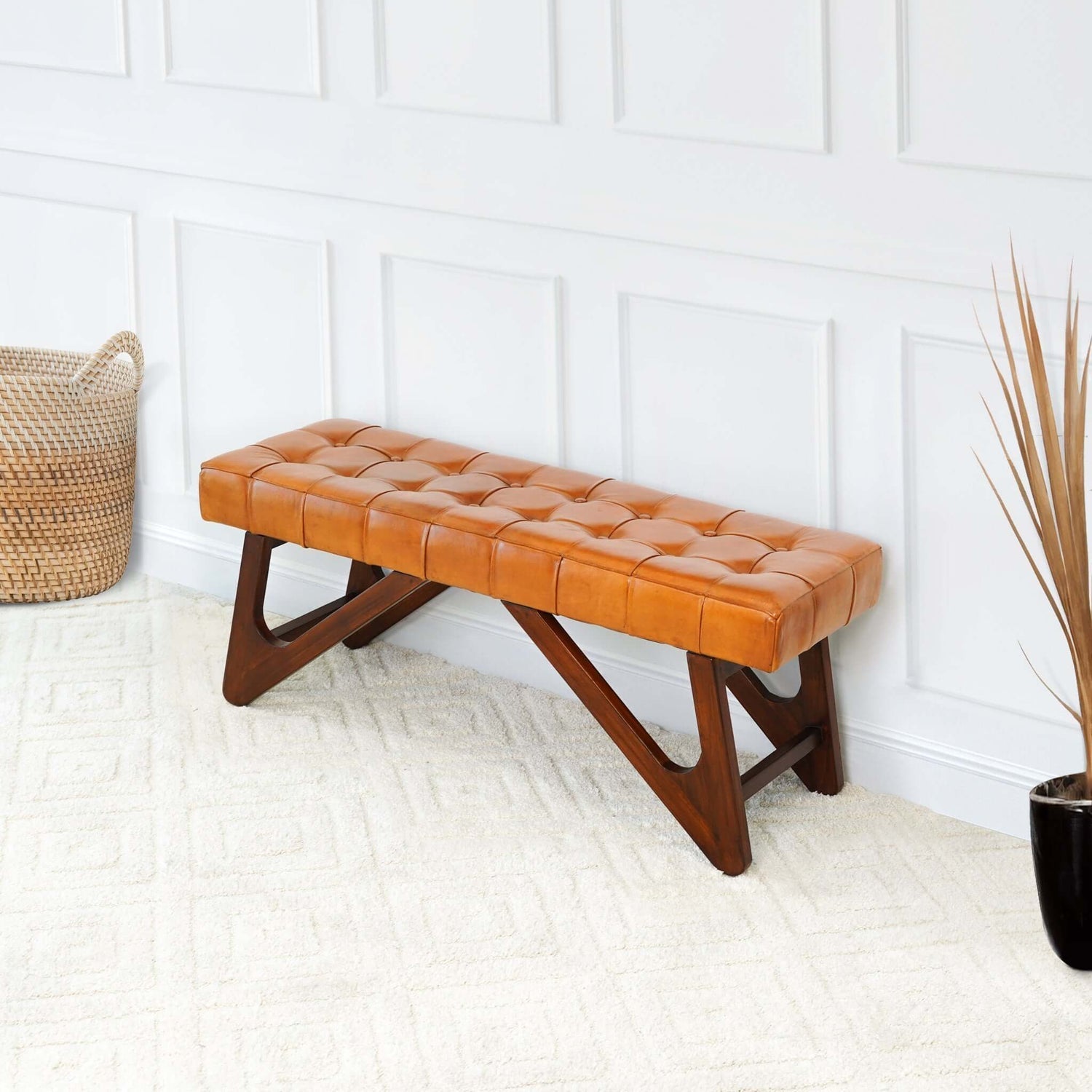 Tufted Leather Bench (Small) | Tan