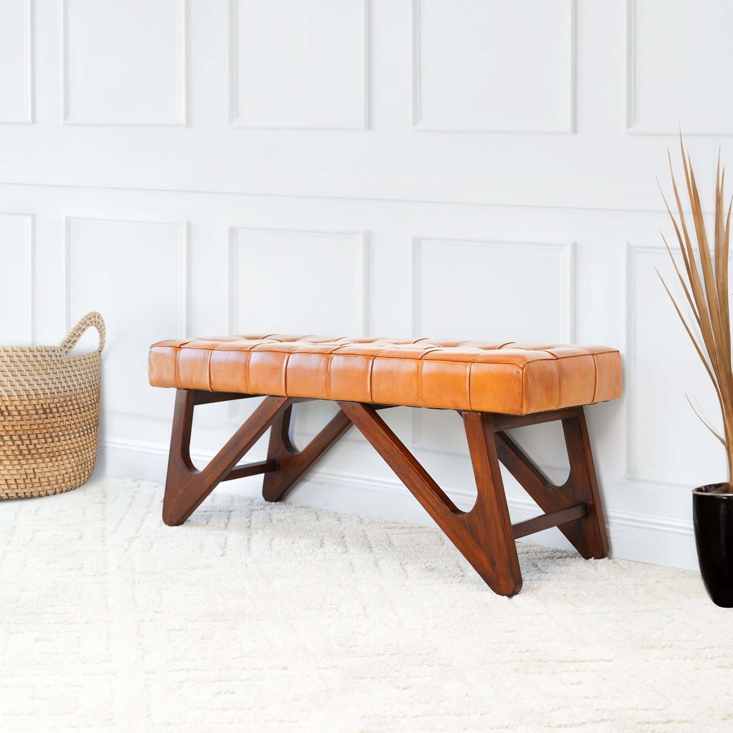 Tufted Leather Bench (Small) | Tan