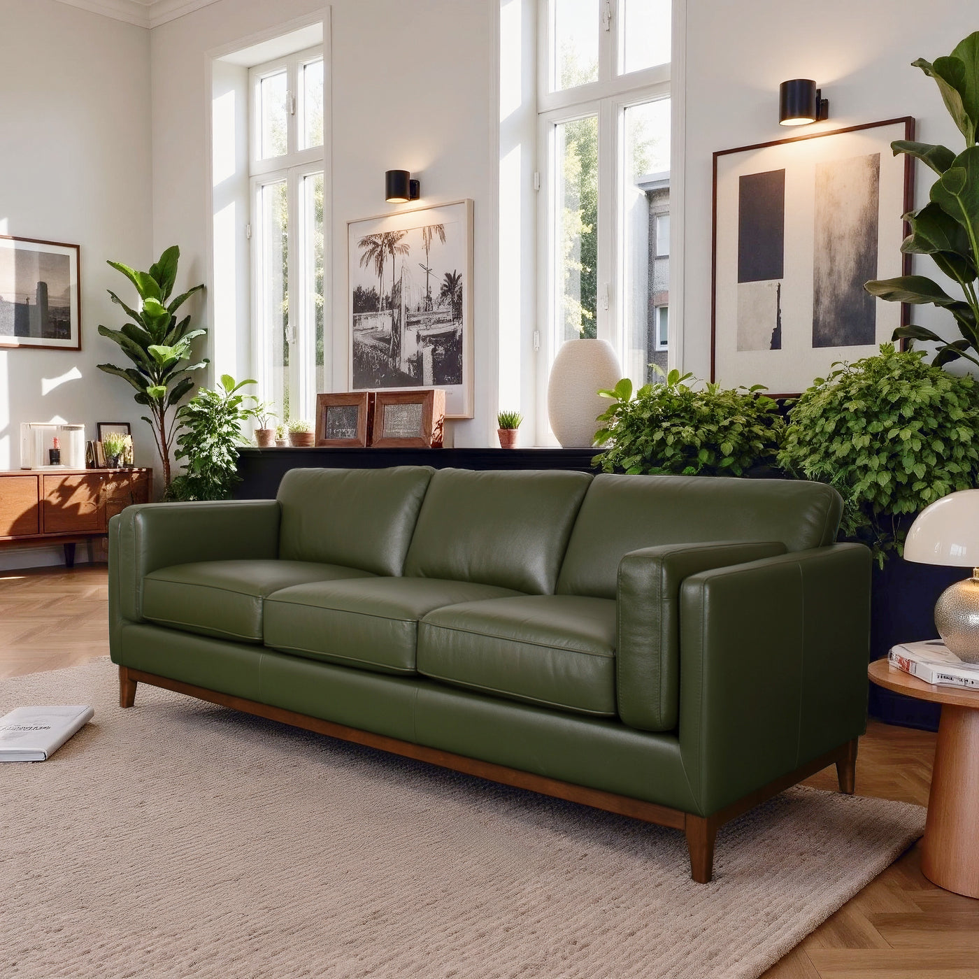 3-Seater Top Grain Leather Sofa, Green
